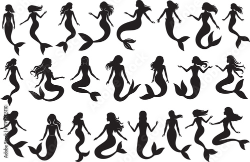 Mermaid silhouettes set. Silhouettes of mermaid vector illustrations.