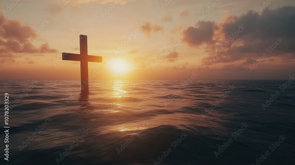 Simple cross set against an ocean sunset, space for inspirational or peaceful copy