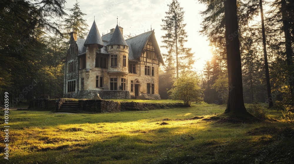 Fototapeta premium Vintage European castle in a forest clearing, mystical atmosphere