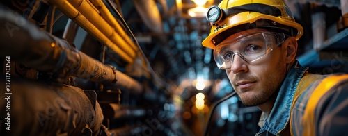 Male industrial worker in safety gear inspecting pipes, focused expression on face.