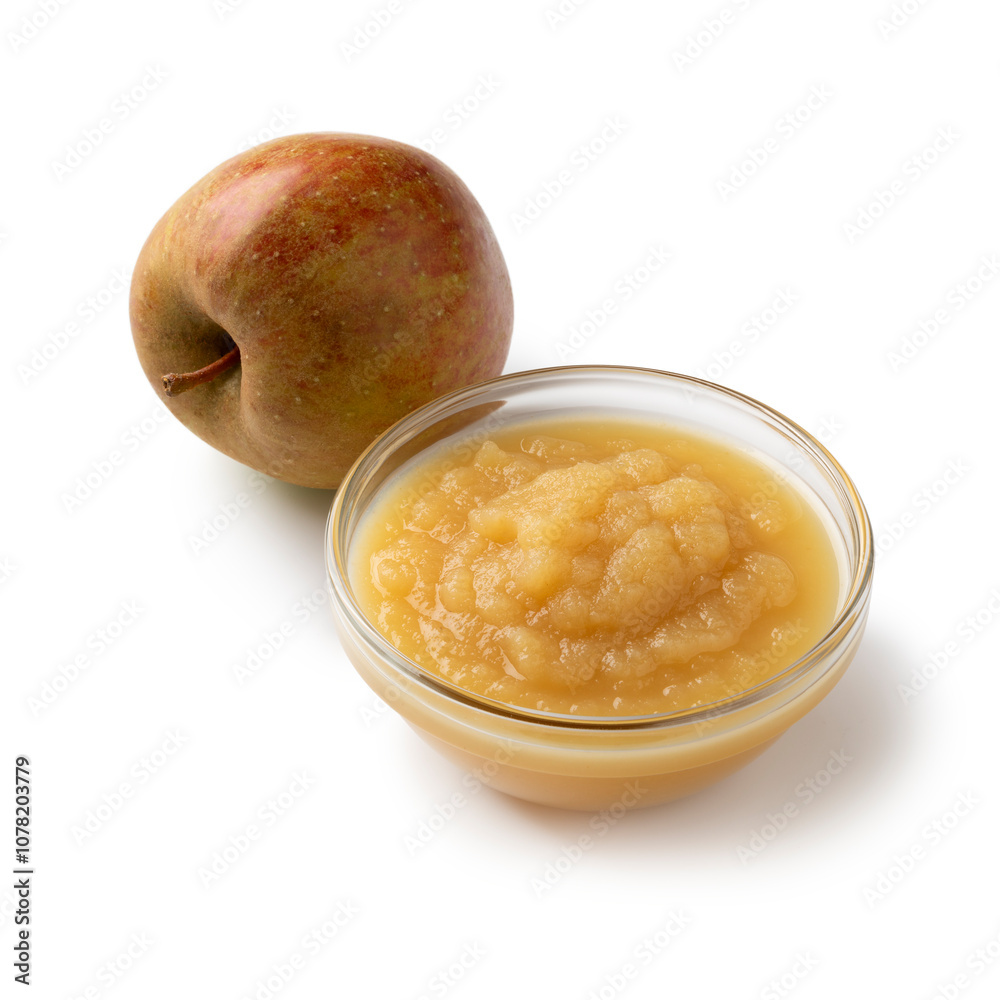 Glass bowl with organic homemade apple sauce and a fresh apple isolated on white background close up Glass bowl with organic homemade apple sauce and a fresh apple isolated on white background close up