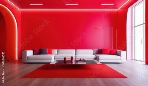 a brightly colored living room with a white couch and red walls