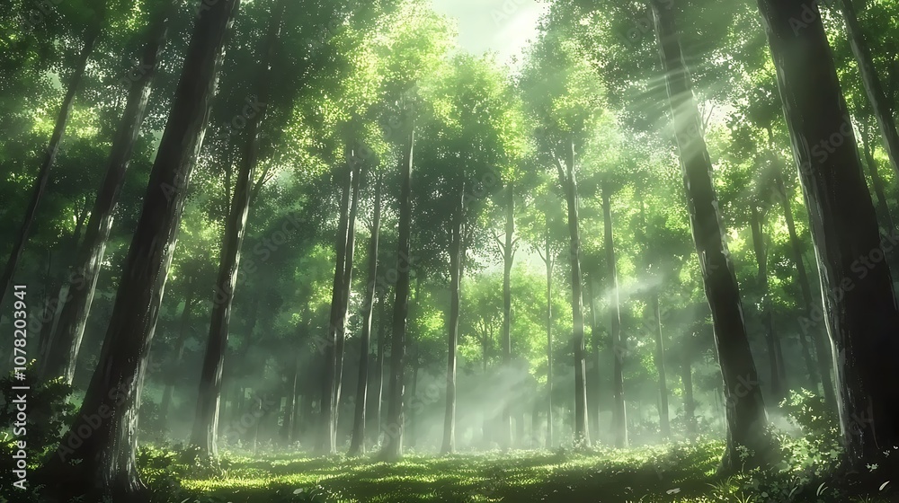 Fototapeta premium Mysterious anime forest with fog rolling through towering trees at dawn