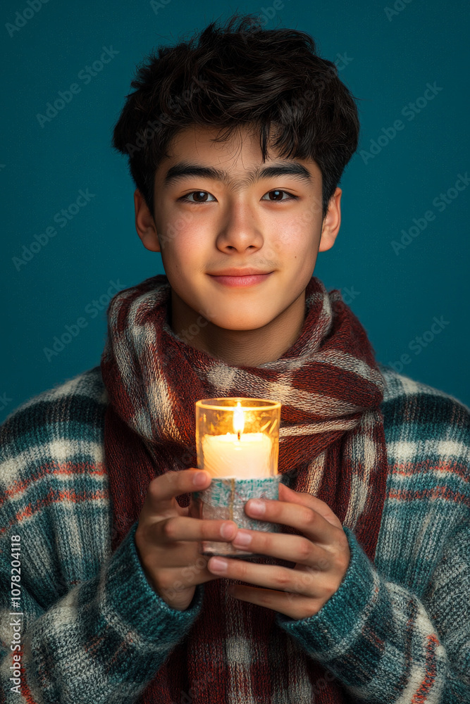 Festive Portrait of Asian Teen Male Wearing Plaid Scarf And Sweater Holding Christmas Gift Festive Portrait of Asian Teen Male Wearing Plaid Scarf And Sweater Holding Christmas Gift