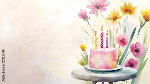 Watercolor Artistic using soft, brushy watercolor strokes, Single object picture - a charming birthday card placed on a small table surrounded by flowers