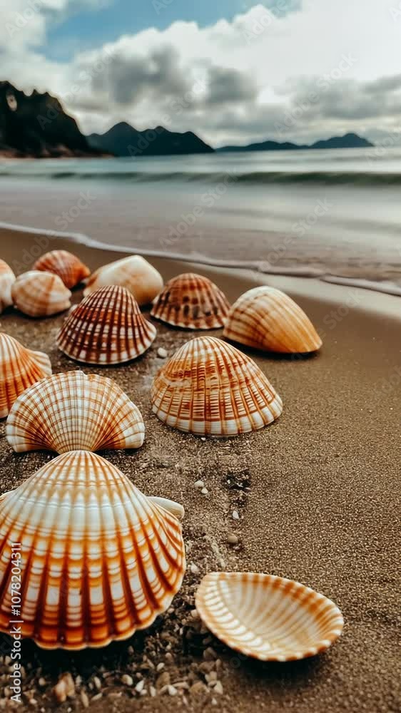 Seashells line the sandy beach near the ocean on a cloudy day Seashells line the sandy beach near the ocean on a cloudy day