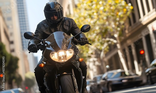 Motorcyclist riding his motorcycle in the city wearing a black leather jacket, Generative AI