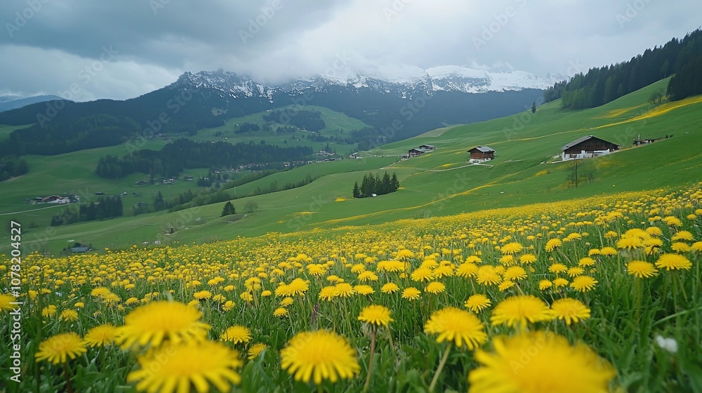 A field of yellow dandelions in the foreground with green hills and snow-capped mountains in the background.
