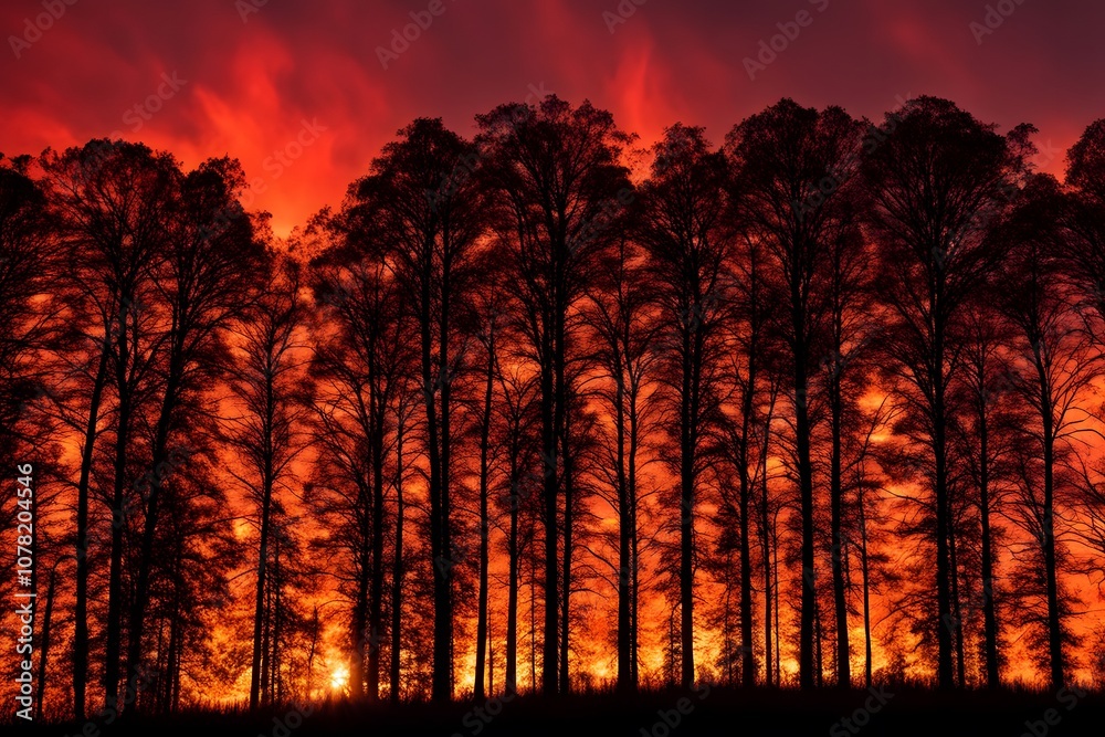 Silhouetted tree line of a dense forest against a background of a fiery red and yellow sky, Ai Generated Silhouetted tree line of a dense forest against a background of a fiery red and yellow sky, Ai Generated