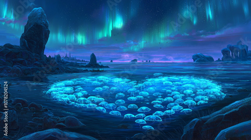 heart shaped constellation of glowing jellyfish in serene ocean under aurora borealis, creating magical and tranquil atmosphere