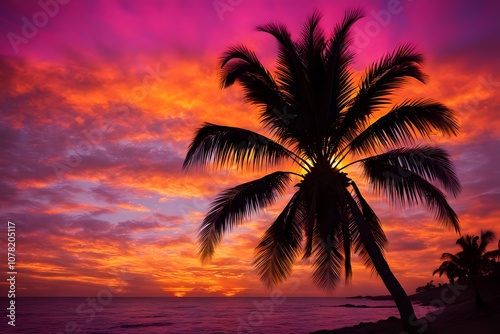 Silhouette of a palm tree swaying against a glowing sunset with vivid orange and magenta hues, Ai Generated