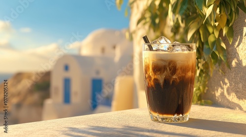 Sipping a frothy Greek frapp coffee while relaxing on a sunlit balcony in a picturesque setting photo