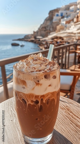 Savoring a frothy Greek frapp coffee while relaxing on a sunny balcony overlooking the sea photo