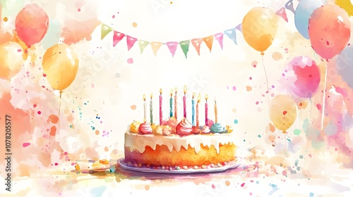 Watercolor Artistic using soft, brushy watercolor strokes, Single object picture - a festive table decorated with candles and a congratulatory banner