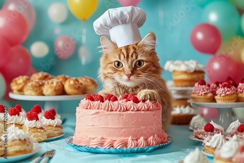 A ginger cat wearing a chef's hat sits in front of a birthday cake surrounded by other pastries and balloons. photo