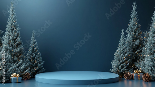 Festive Blue Background with Pine Trees and Empty Stage for Christmas Product Presentation