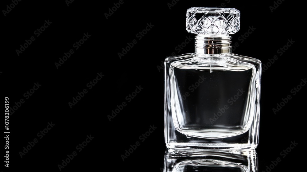 Clear Glass Perfume Bottle with Crystal Stopper on Black Background Clear Glass Perfume Bottle with Crystal Stopper on Black Background