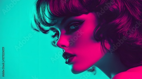 Close-up portrait of a young woman with dark hair and dramatic makeup, lit by pink and teal lights.