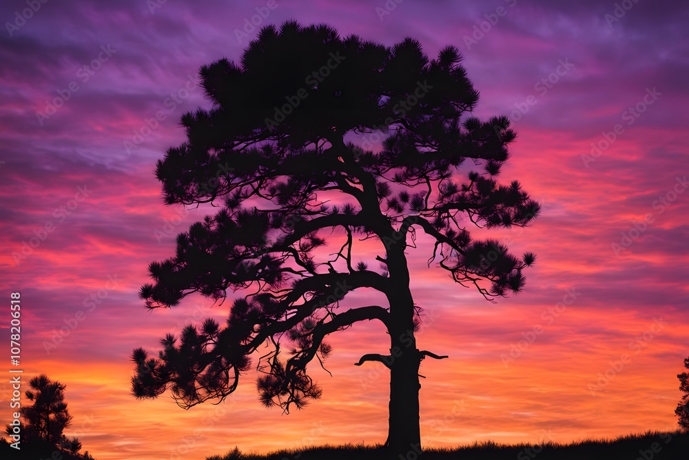 Silhouette of a tall pine tree against a vibrant sunset sky with shades of orange pink and purple, AI Generated Silhouette of a tall pine tree against a vibrant sunset sky with shades of orange pink and purple, AI Generated