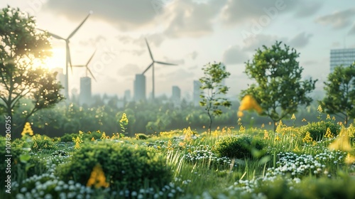 3D render of a futuristic eco-city showcasing Europe’s green transformation. Sustainable urban development, green technology innovation,environmental conservation,eco-conscious cities,living
