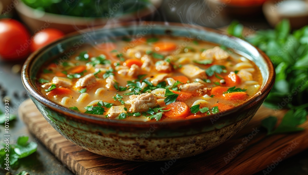A Steaming Bowl of Chicken Noodle Soup with Carrots and Parsley A Steaming Bowl of Chicken Noodle Soup with Carrots and Parsley