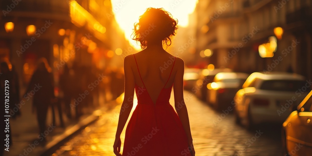 Elegant Woman in Red Dress Walking through Paris Elegant Woman in Red Dress Walking through Paris