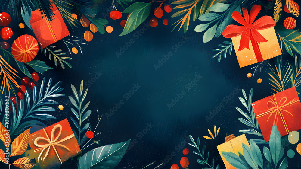Obraz premium Festive Christmas background with gifts and foliage decorations