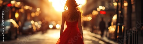 Elegant Woman in Red Dress Walking through Paris