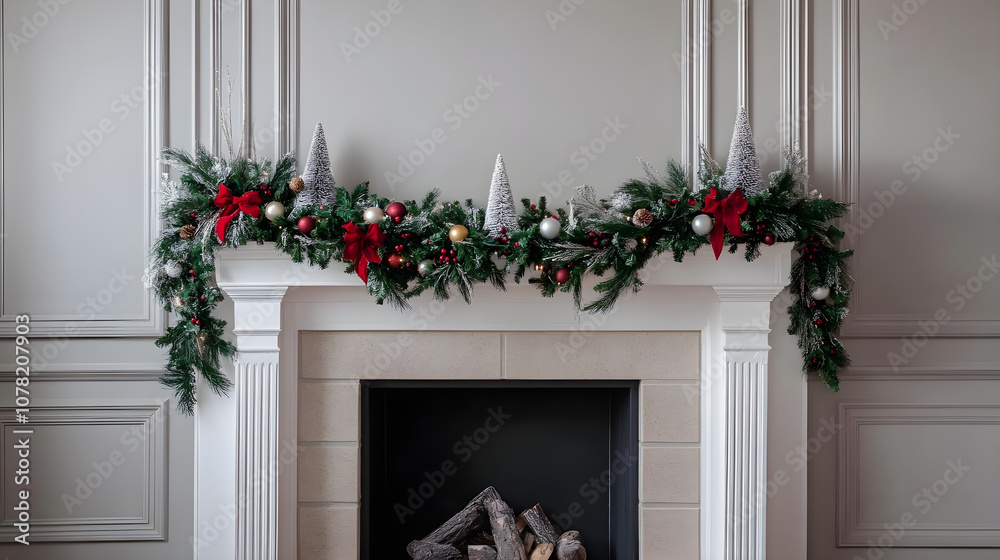 Fototapeta premium Cozy Christmas decorations on fireplace with festive garland and ornaments