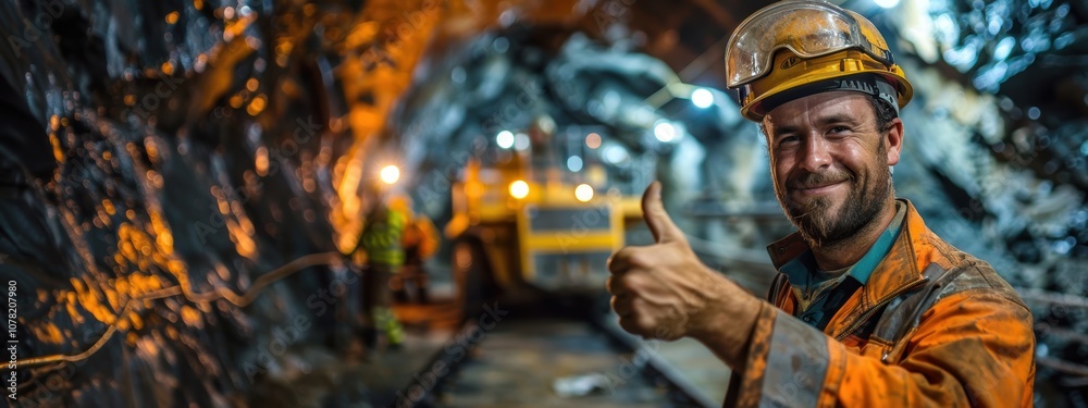 Smiling male miner giving a thumbs up in a tunnel with machinery in the background. Smiling male miner giving a thumbs up in a tunnel with machinery in the background.