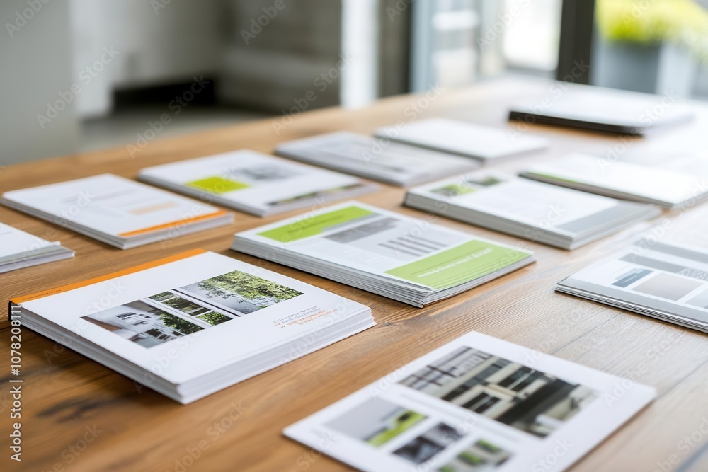 Obraz premium Close-up of high-quality catalogs and marketing booklets on a wooden conference table