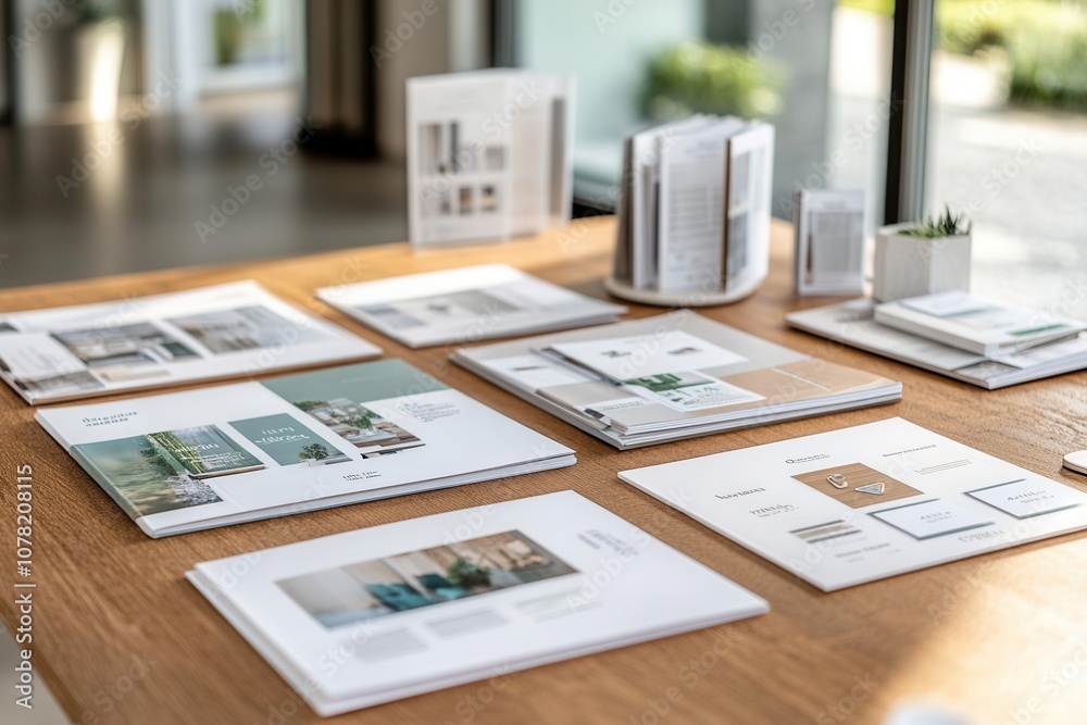 Close-up of high-quality catalogs and marketing booklets on a wooden conference table Close-up of high-quality catalogs and marketing booklets on a wooden conference table