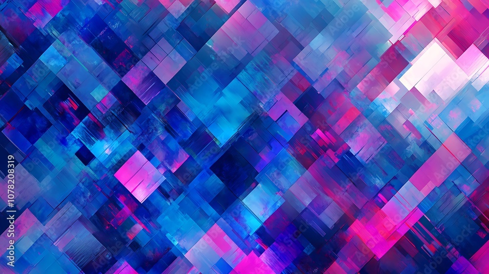 Geometric digital patterns shifting in glowing neon tones of blue and purple Geometric digital patterns shifting in glowing neon tones of blue and purple
