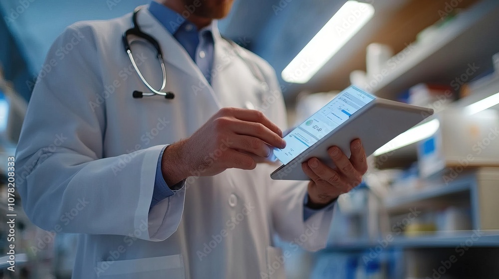Medical and healthcare. Doctor working on digital tablet with hospital backdrop Medical and healthcare. Doctor working on digital tablet with hospital backdrop
