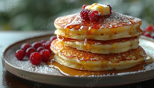 Stack of Buttery Pancakes Drizzled with Syrup and Topped with Raspberries