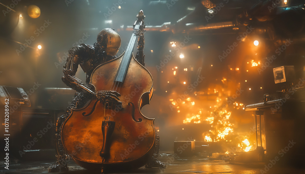 Fototapeta premium A humanoid robot playing double bass on a grand concert stage, AI can replace human potential perfectly. 