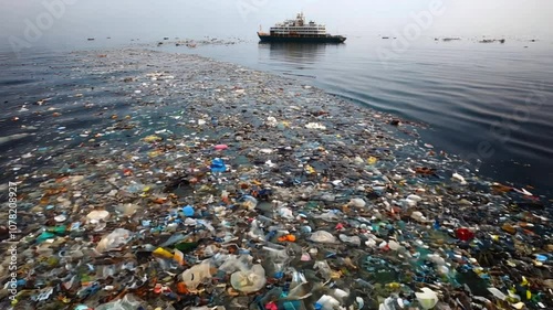 A devastating image of floating plastic and waste pollution in the sea, highlighting the marine debris crisis threatening ocean ecosystems