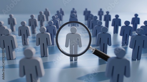 Magnifying glass focusing on unique businessman figures. Hiring the best employee concept	 photo