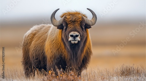 A majestic animal with horns stands in a vast landscape.