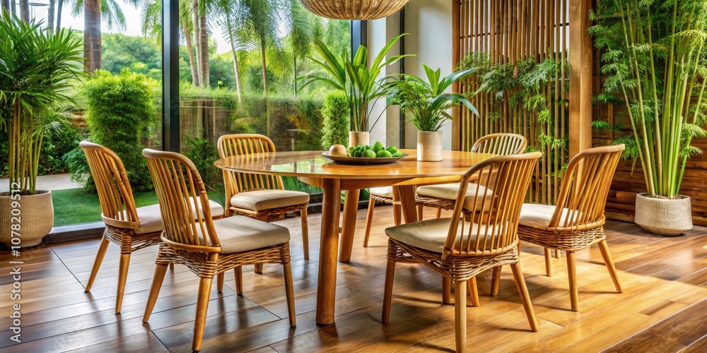 Fototapeta premium Elegant Bamboo Dining Table Set: Polished Surface and Natural Aesthetic for Modern Interiors, Eco-Friendly Bamboo Furniture for Stylish Dining Spaces and Minimalist Home Décor