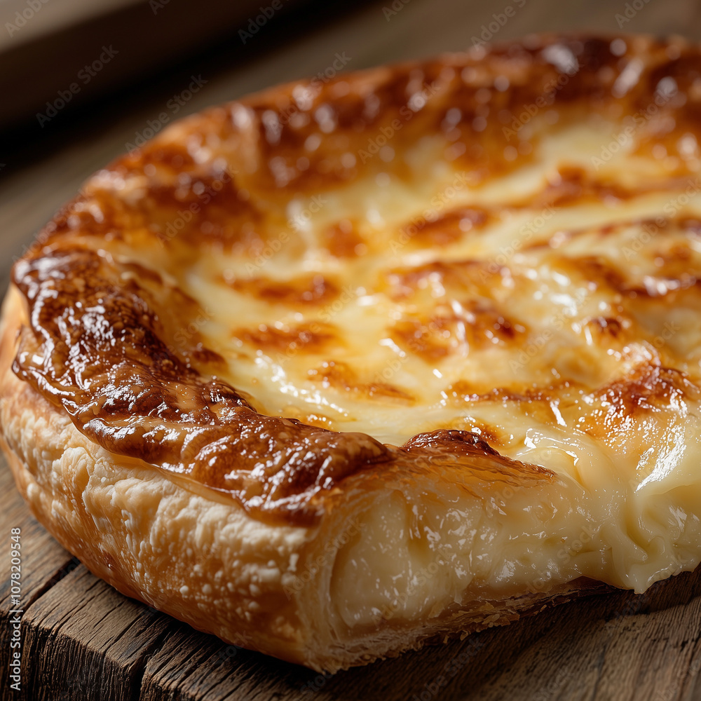 golden cheese-filled pastry close-up, showing its flaky crust and rich melted cheese on a rustic wooden board