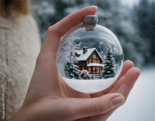 Pallina con scena invernale, decorata da una casa accogliente e alberi. Cattura l’essenza di un Natale tradizionale.