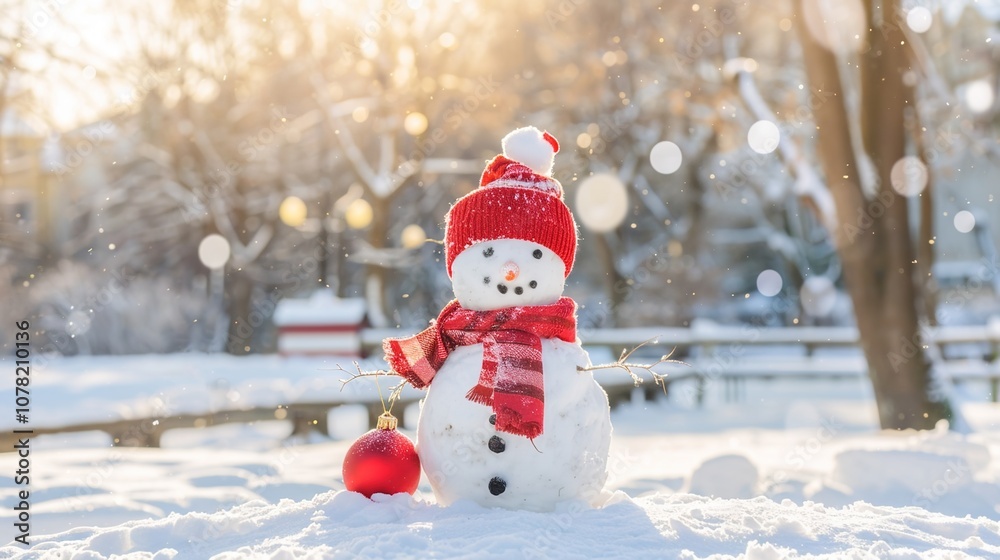 Obraz premium Adorable Red - Hatted Snowman: A Charming Winter Delight