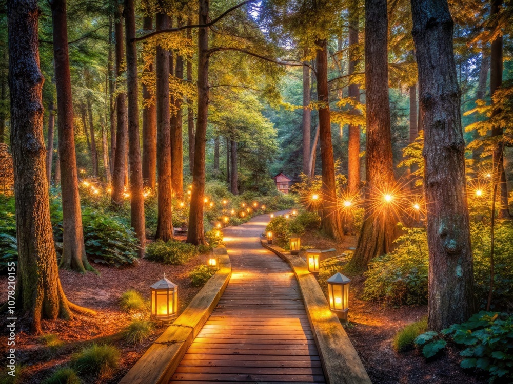 Enchanted Forest Path at Dusk with Warm Glowing Lights Capturing Solitude and Nature's Beauty Enchanted Forest Path at Dusk with Warm Glowing Lights Capturing Solitude and Nature's Beauty