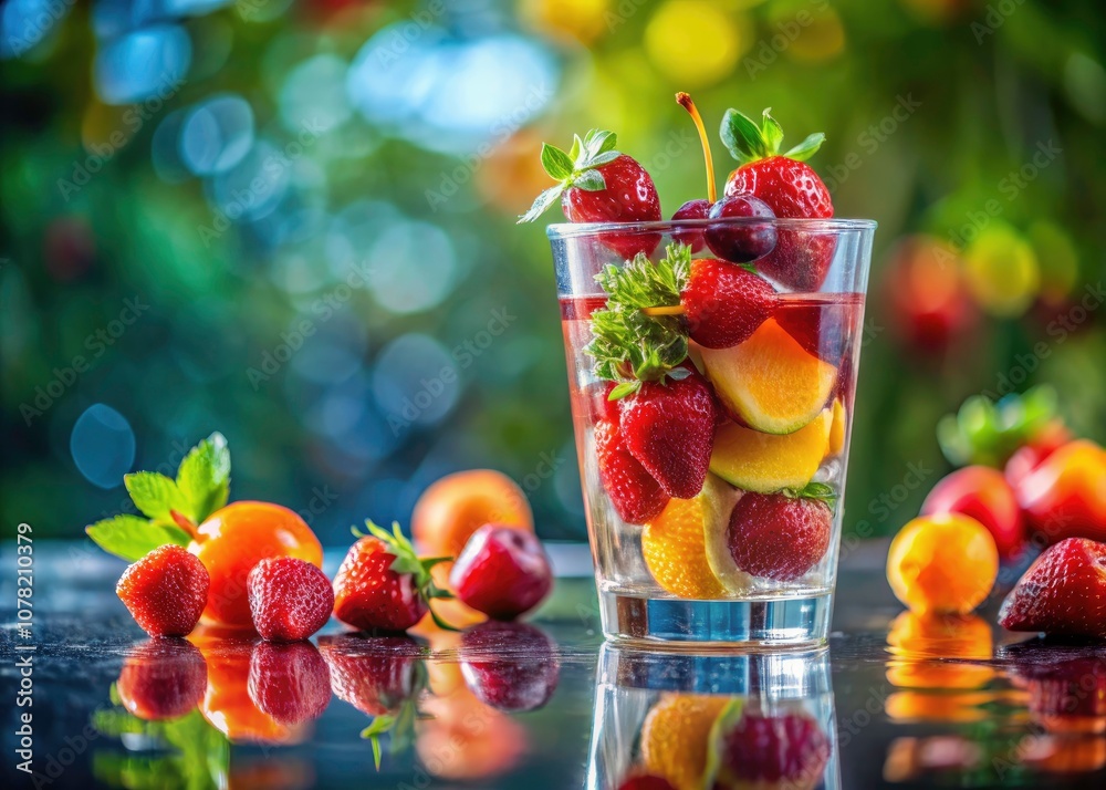 Refreshing Minimalist Close-Up of a Glass of Water Infused with Juicy Strawberries and Fresh Fruits for a Vibrant and Healthy Aesthetic
