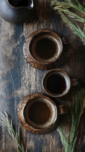 Rustic mugs brim with traditional kvass, showcased beautifully on a wooden surface