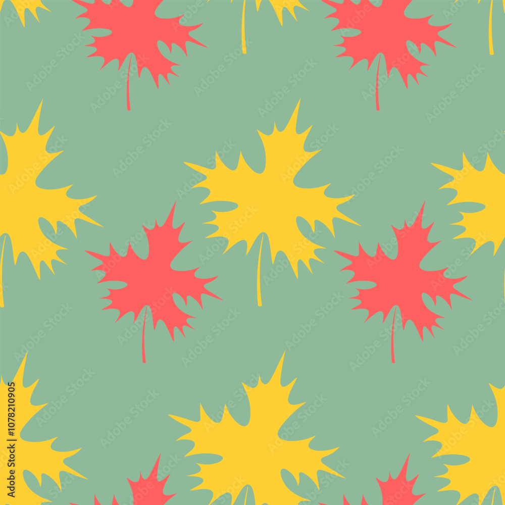 Maple leaf. Repeating vector pattern. Flat style. Isolated green background. Continuous ornament of yellow and red leaves. The leaf shape is crown-shaped. Idea for web design. Maple leaf. Repeating vector pattern. Flat style. Isolated green background. Continuous ornament of yellow and red leaves. The leaf shape is crown-shaped. Idea for web design.