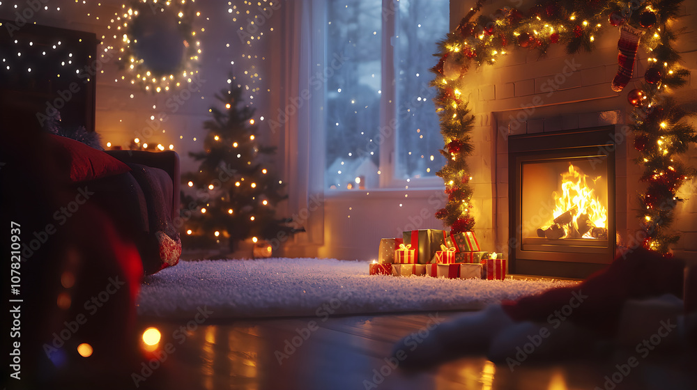 Cozy Christmas scene with glowing fireplace and festive decorations