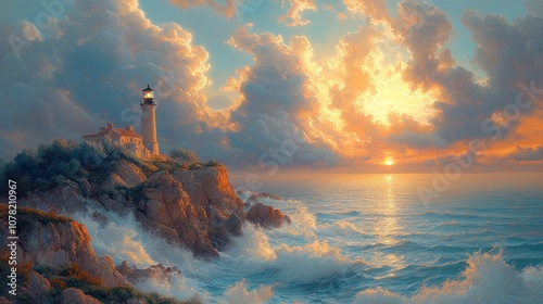 A serene lighthouse at sunset, surrounded by crashing waves.