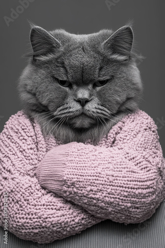 A fluffy gray cat wears a textured pink sweater, crossing its arms with a grumpy expression, humorously capturing feline personality and style. photo